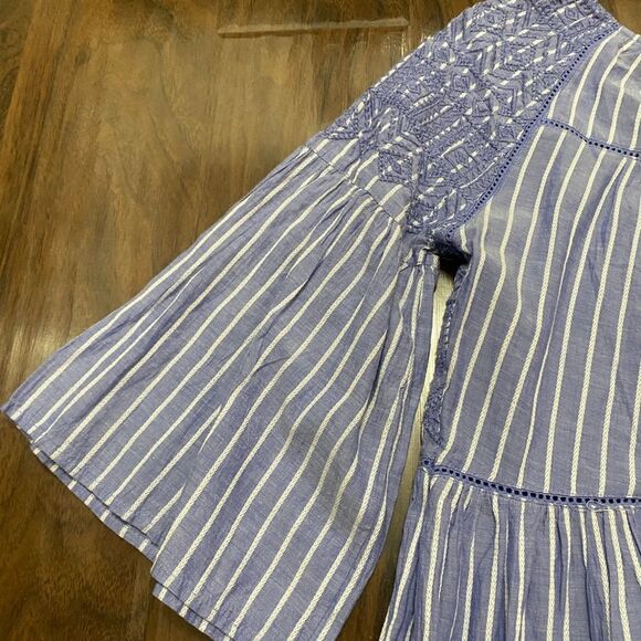 Free People Lola Embroidered Mini Blue Striped Tiered Dress - Picture 4 of 9